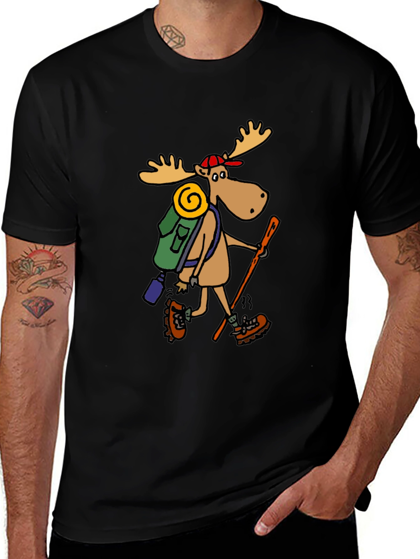Hiking Moose Graphic Tee - Black Cotton T-Shirt