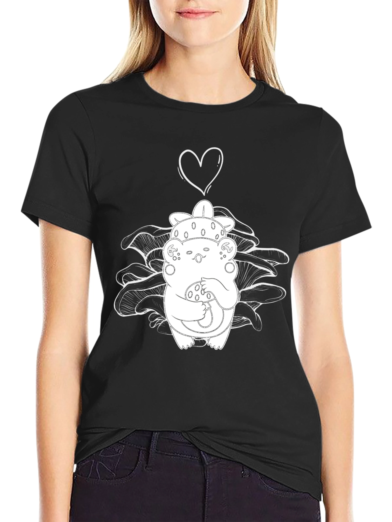 Mushroom Love Graphic Tee - Black Cotton Blend T-Shirt