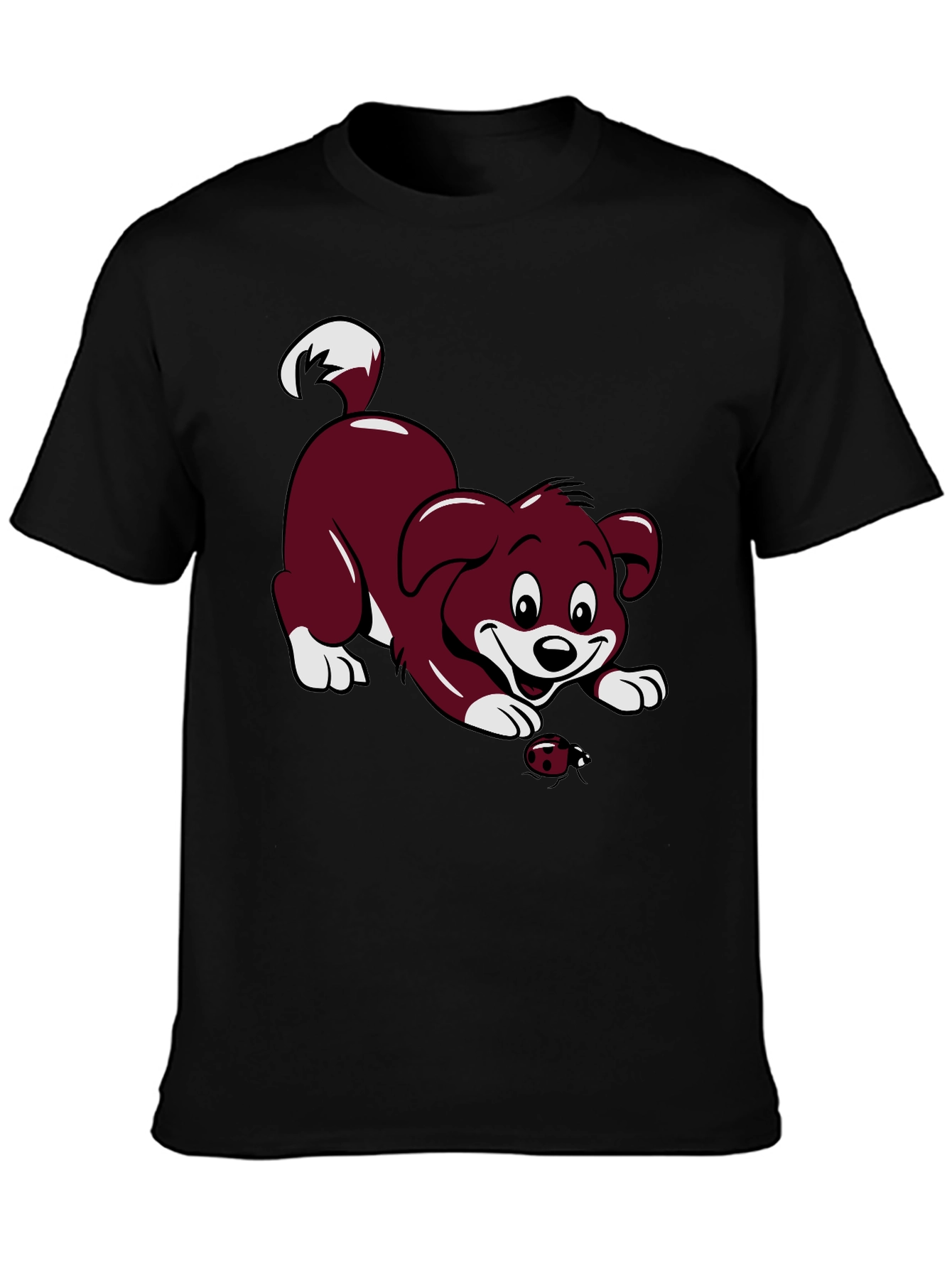 Black T-Shirt with Cartoon Puppy and Ladybug Design
