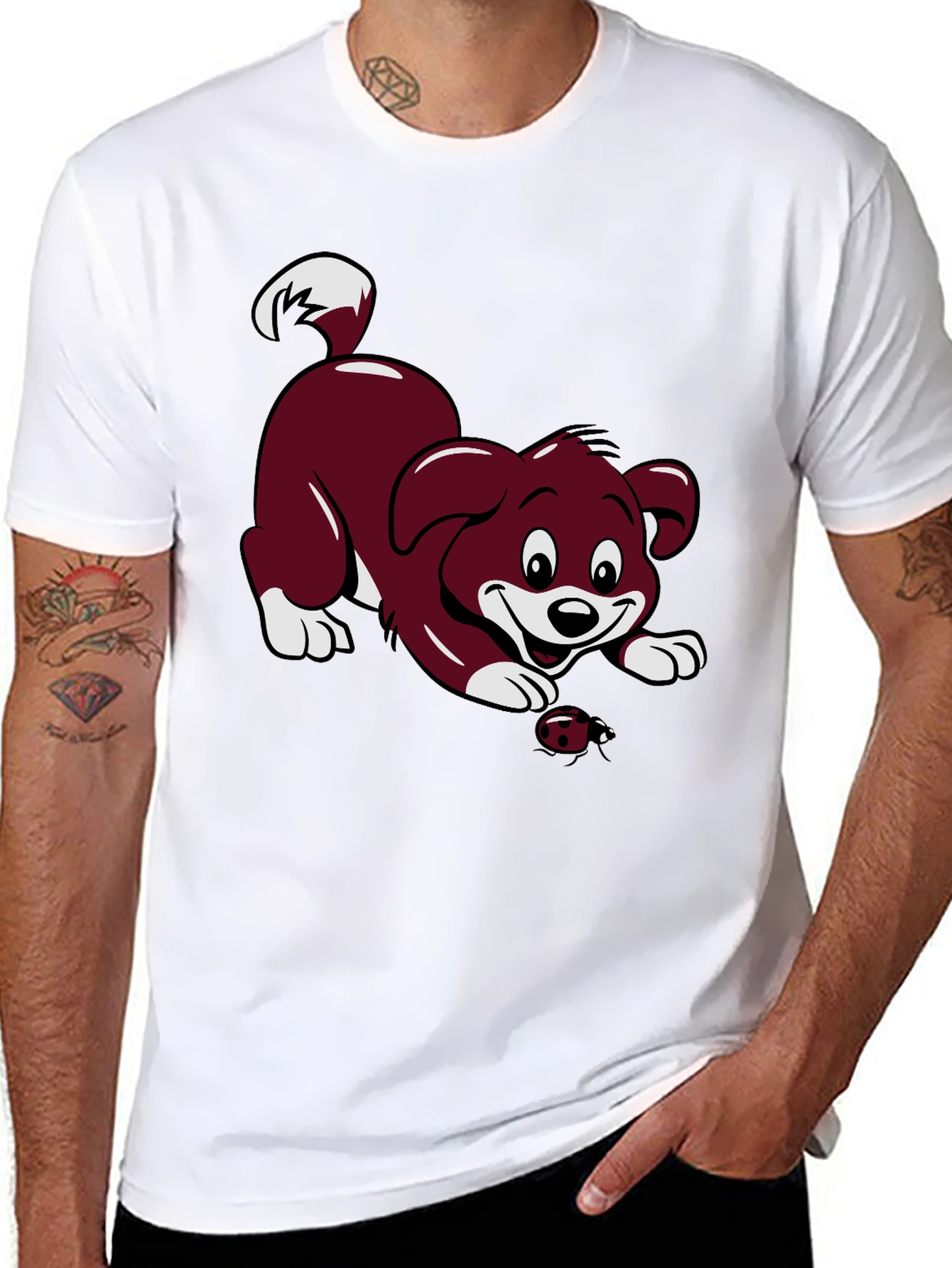 Black T-Shirt with Cartoon Puppy and Ladybug Design