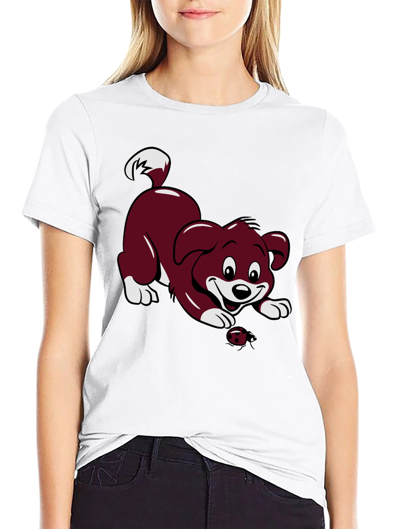 Black T-Shirt with Cartoon Puppy and Ladybug Design