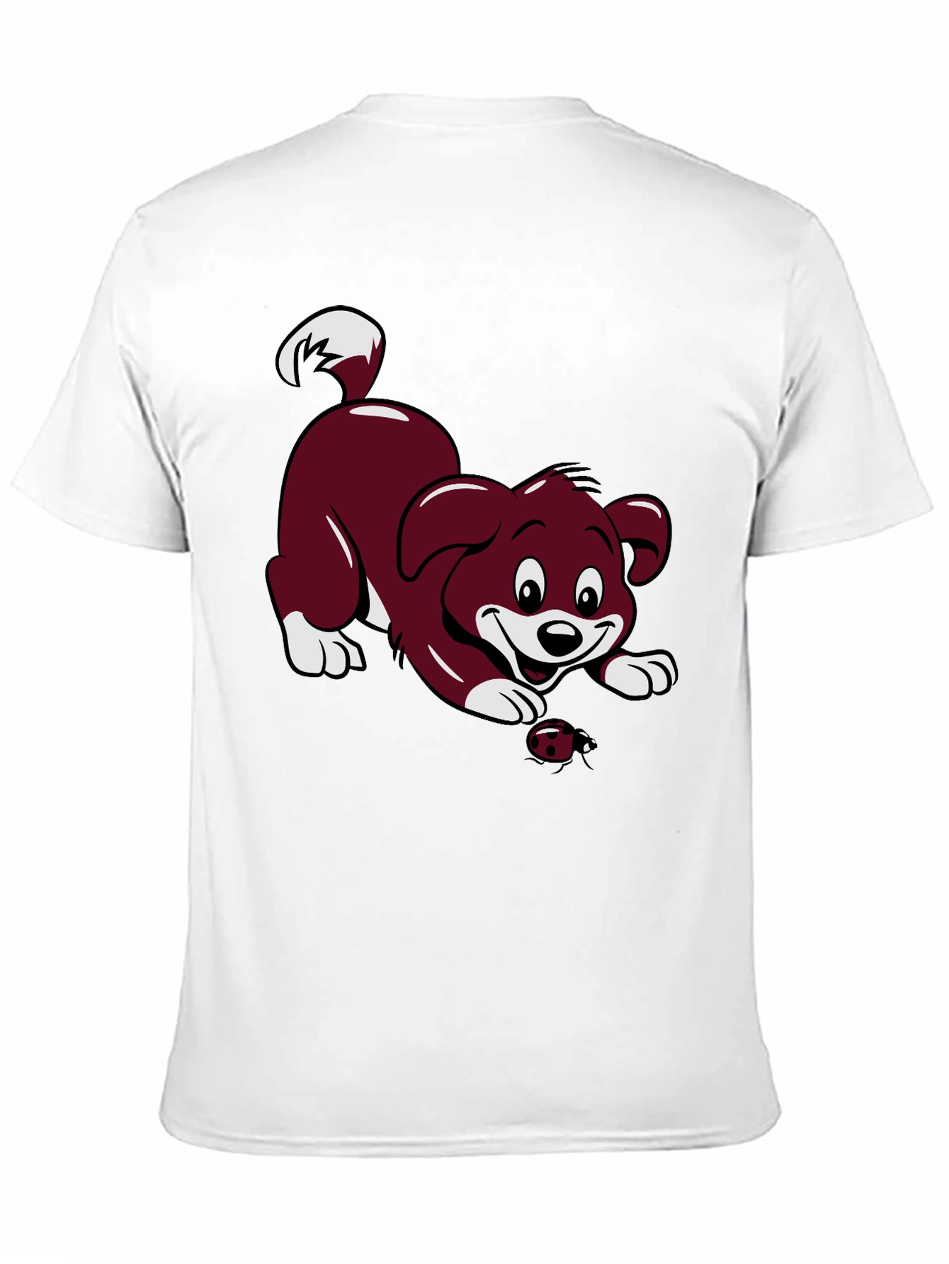 Black T-Shirt with Cartoon Puppy and Ladybug Design