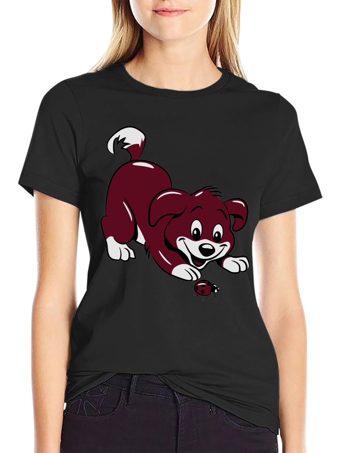 Black T-Shirt with Cartoon Puppy and Ladybug Design