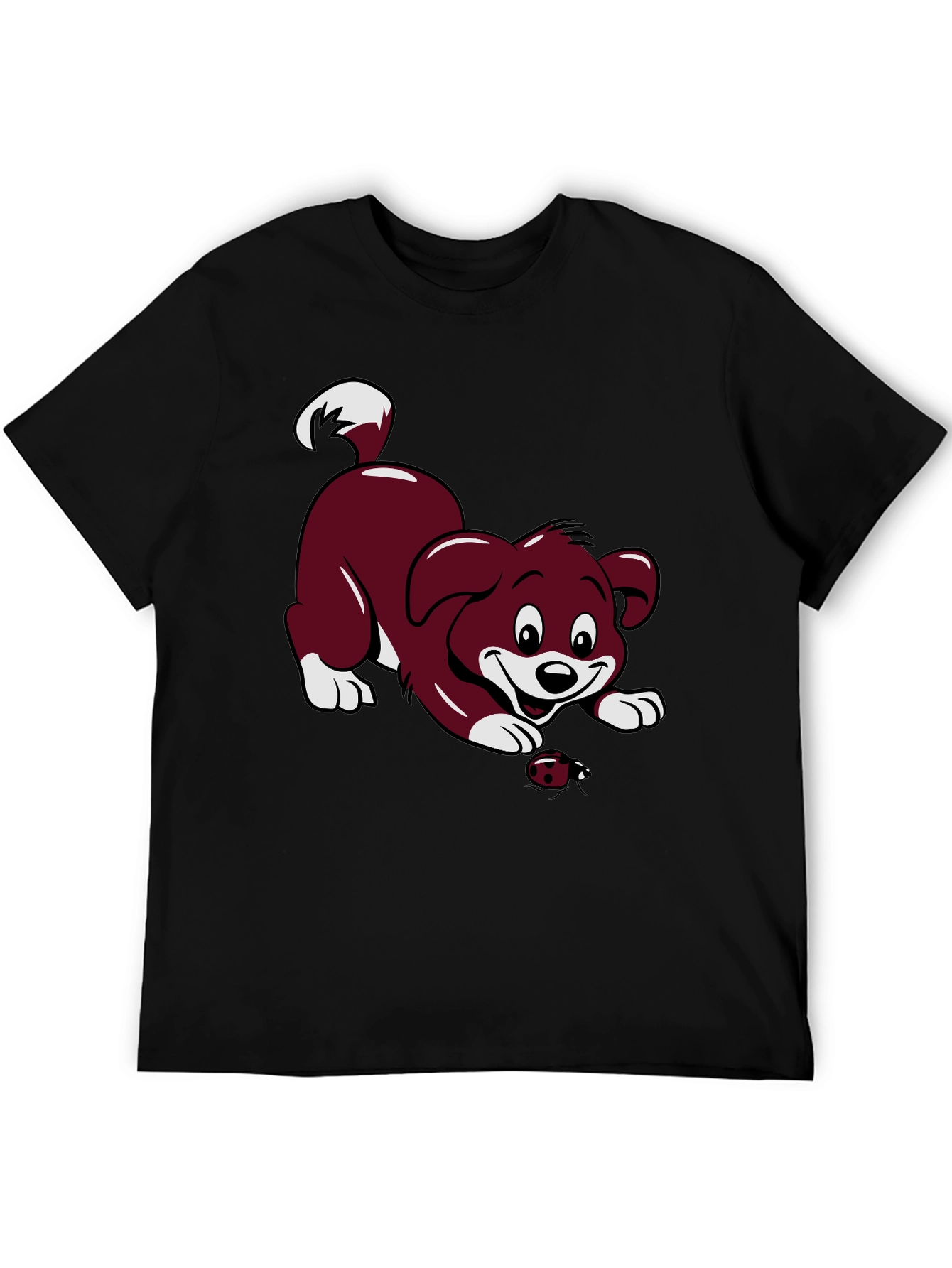 Black T-Shirt with Cartoon Puppy and Ladybug Design