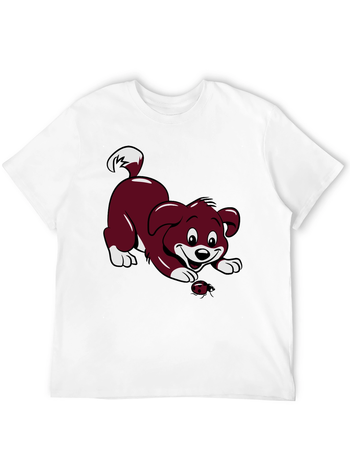 Black T-Shirt with Cartoon Puppy and Ladybug Design