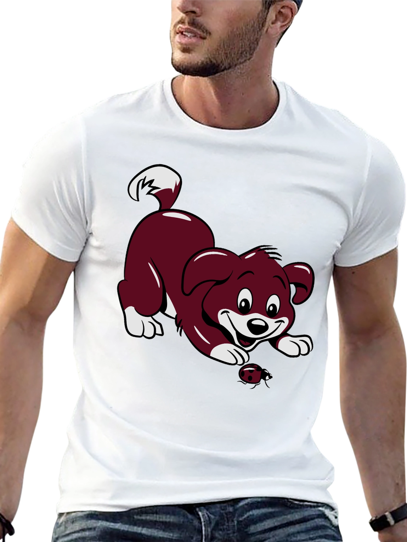 Black T-Shirt with Cartoon Puppy and Ladybug Design