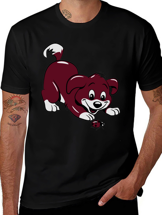 Black T-Shirt with Cartoon Puppy and Ladybug Design