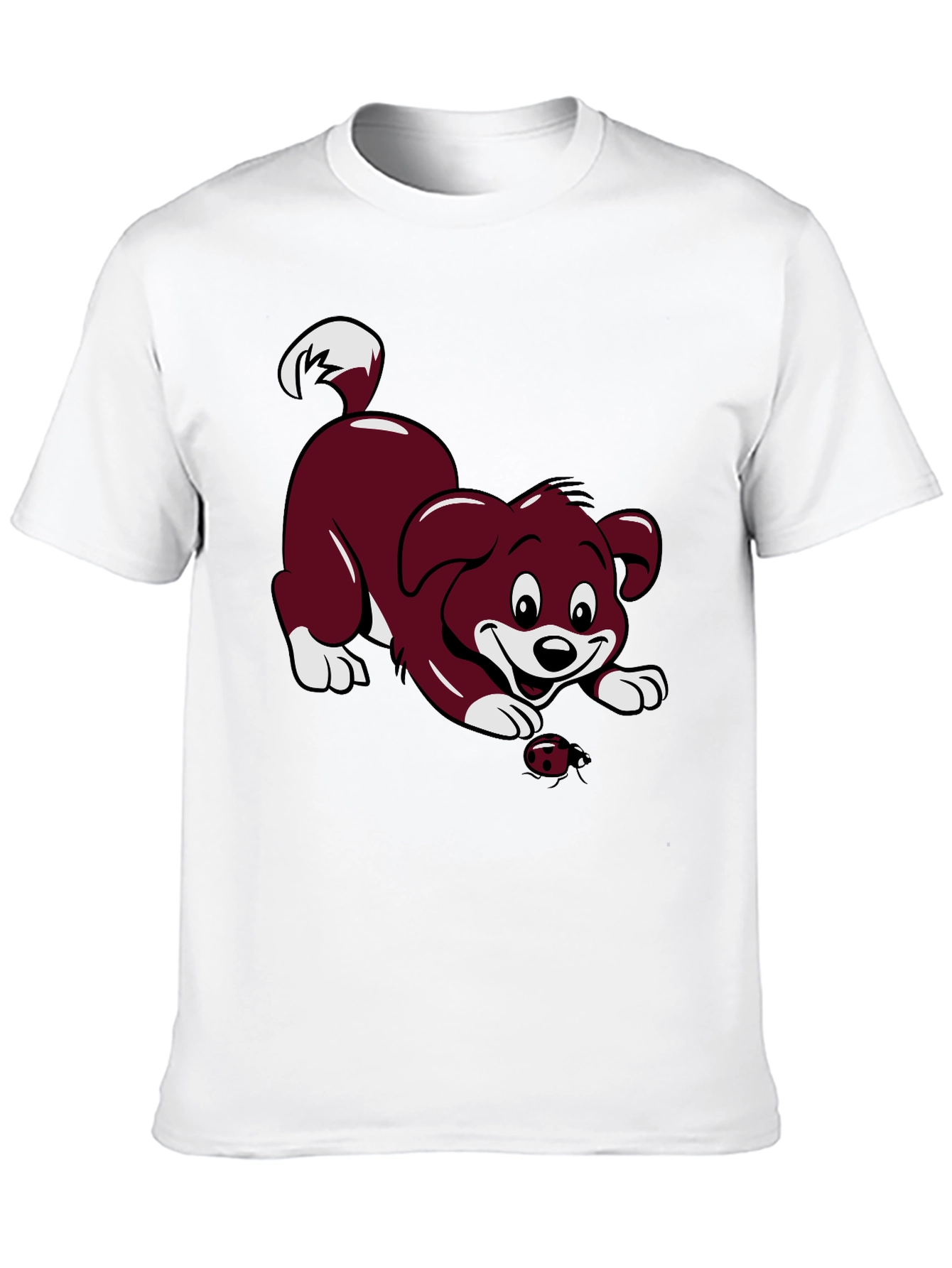 Black T-Shirt with Cartoon Puppy and Ladybug Design
