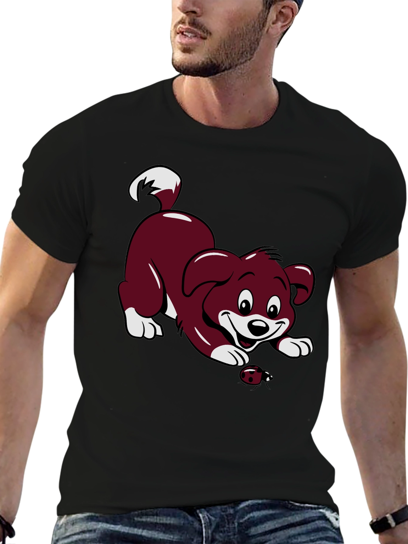 Black T-Shirt with Cartoon Puppy and Ladybug Design