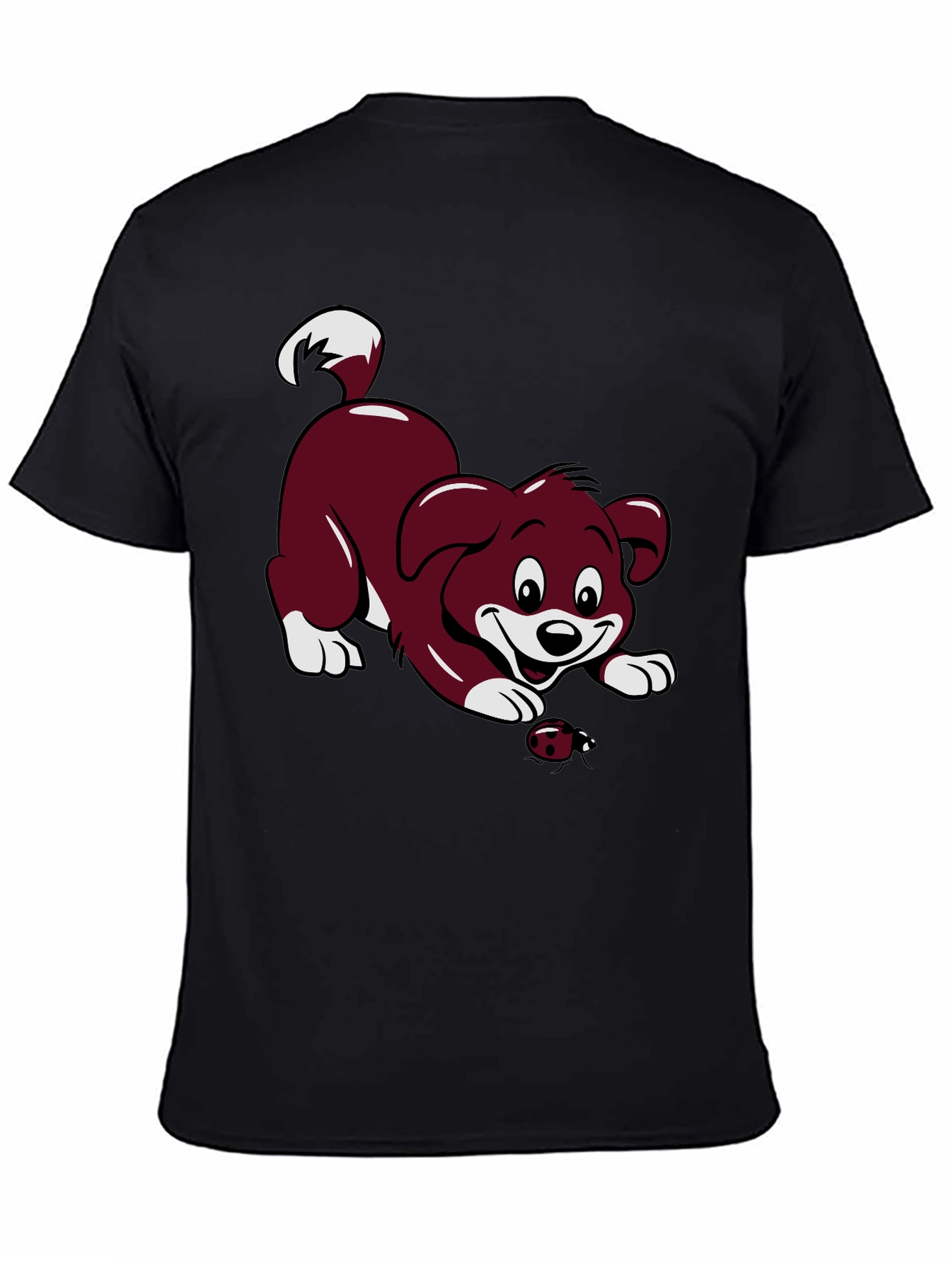 Black T-Shirt with Cartoon Puppy and Ladybug Design