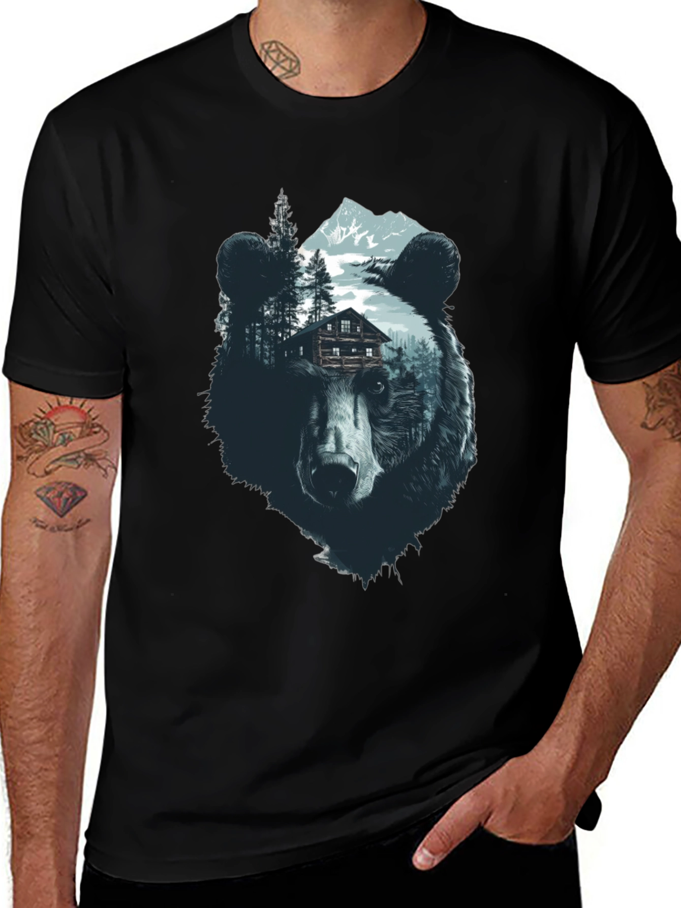 Bear Graphic Print Black Crew Neck Tee