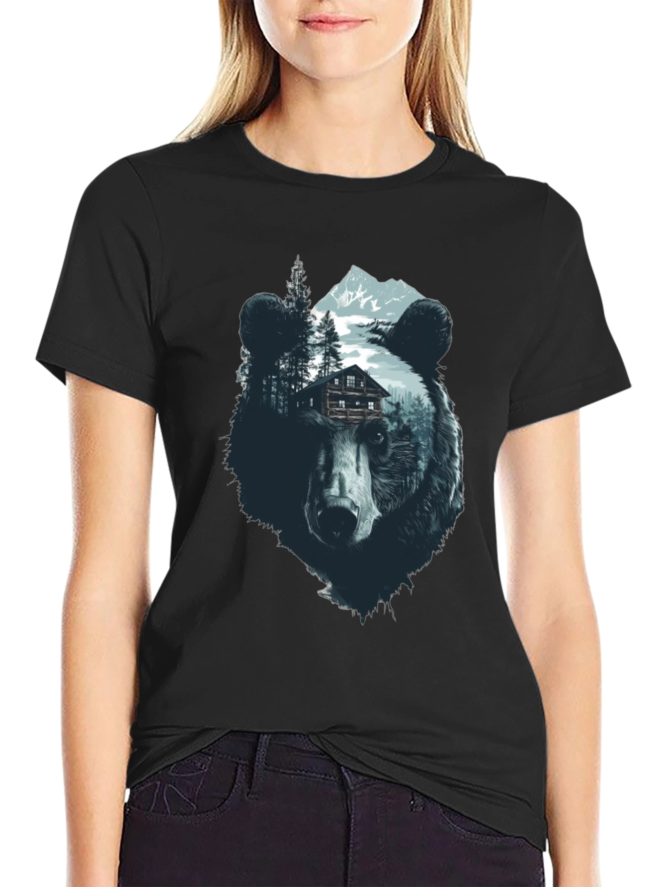 Bear Graphic Print Black Crew Neck Tee