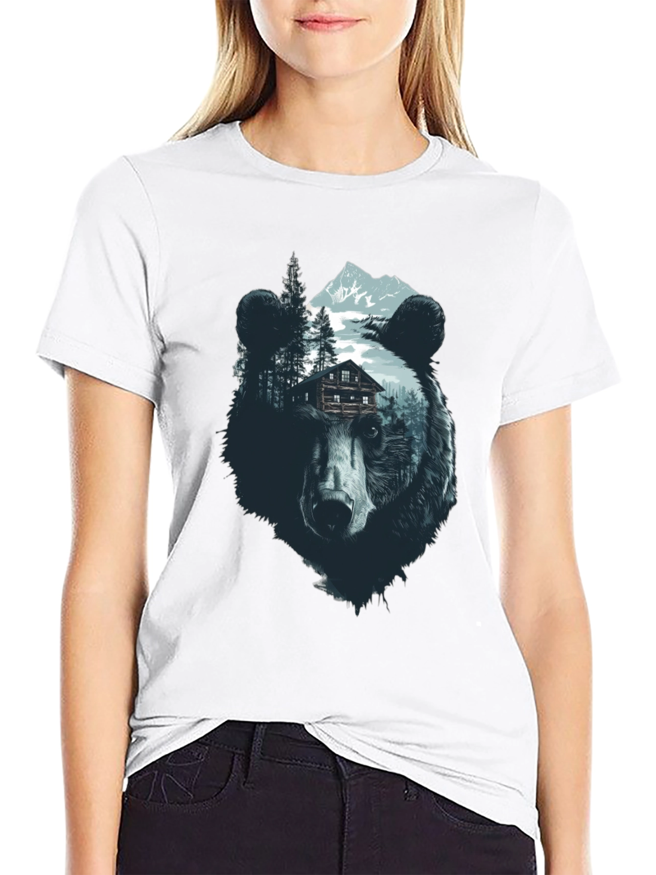 Bear Graphic Print Black Crew Neck Tee