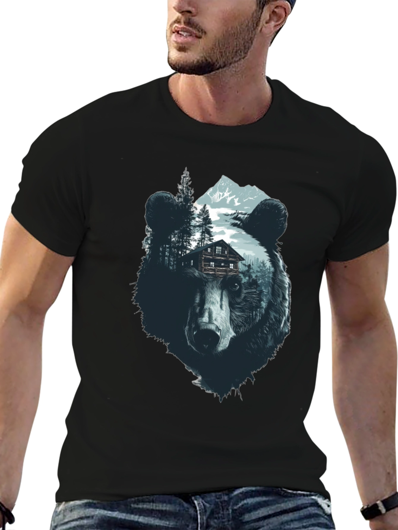 Bear Graphic Print Black Crew Neck Tee