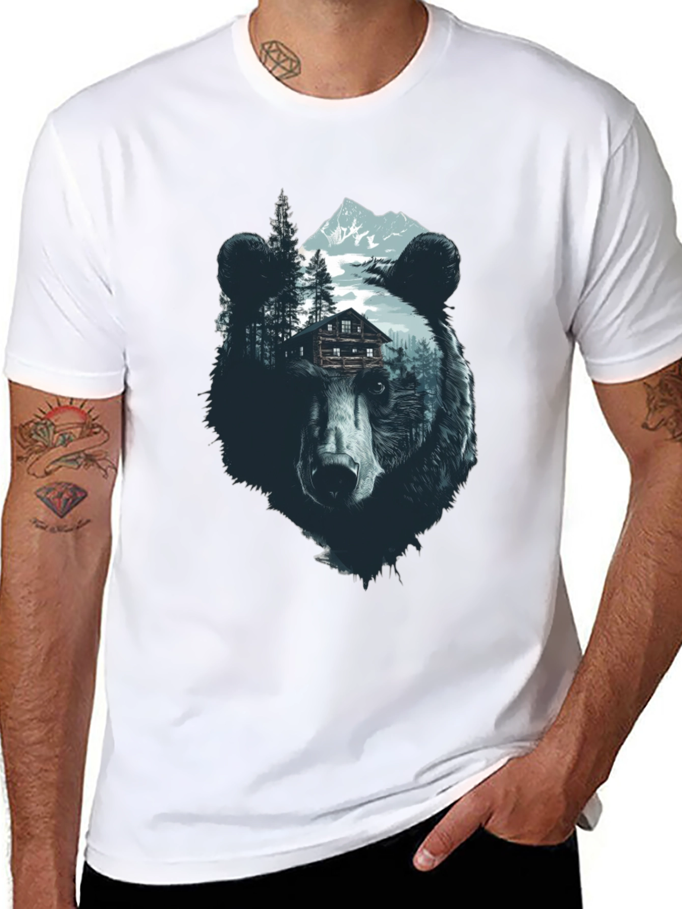 Bear Graphic Print Black Crew Neck Tee