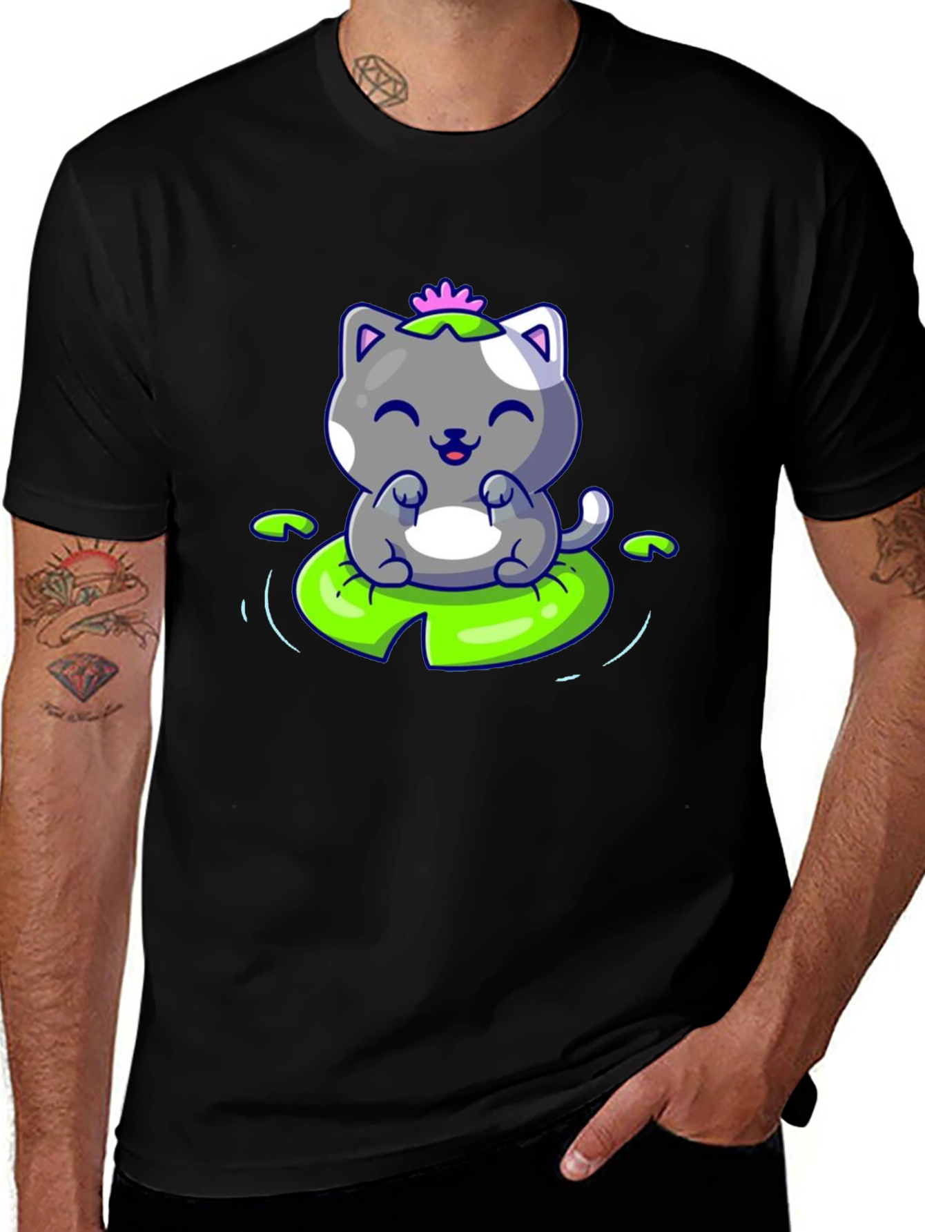 Cute Cat on Lily Pad Graphic Tee - Black