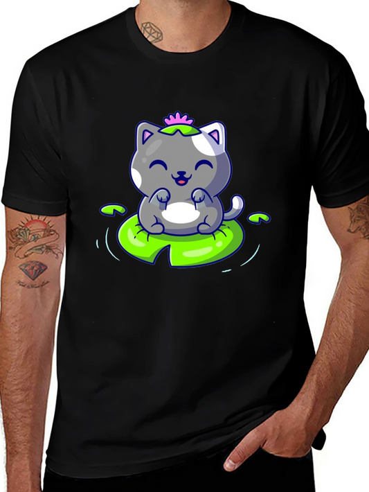 Cute Cat on Lily Pad Graphic Tee - Black