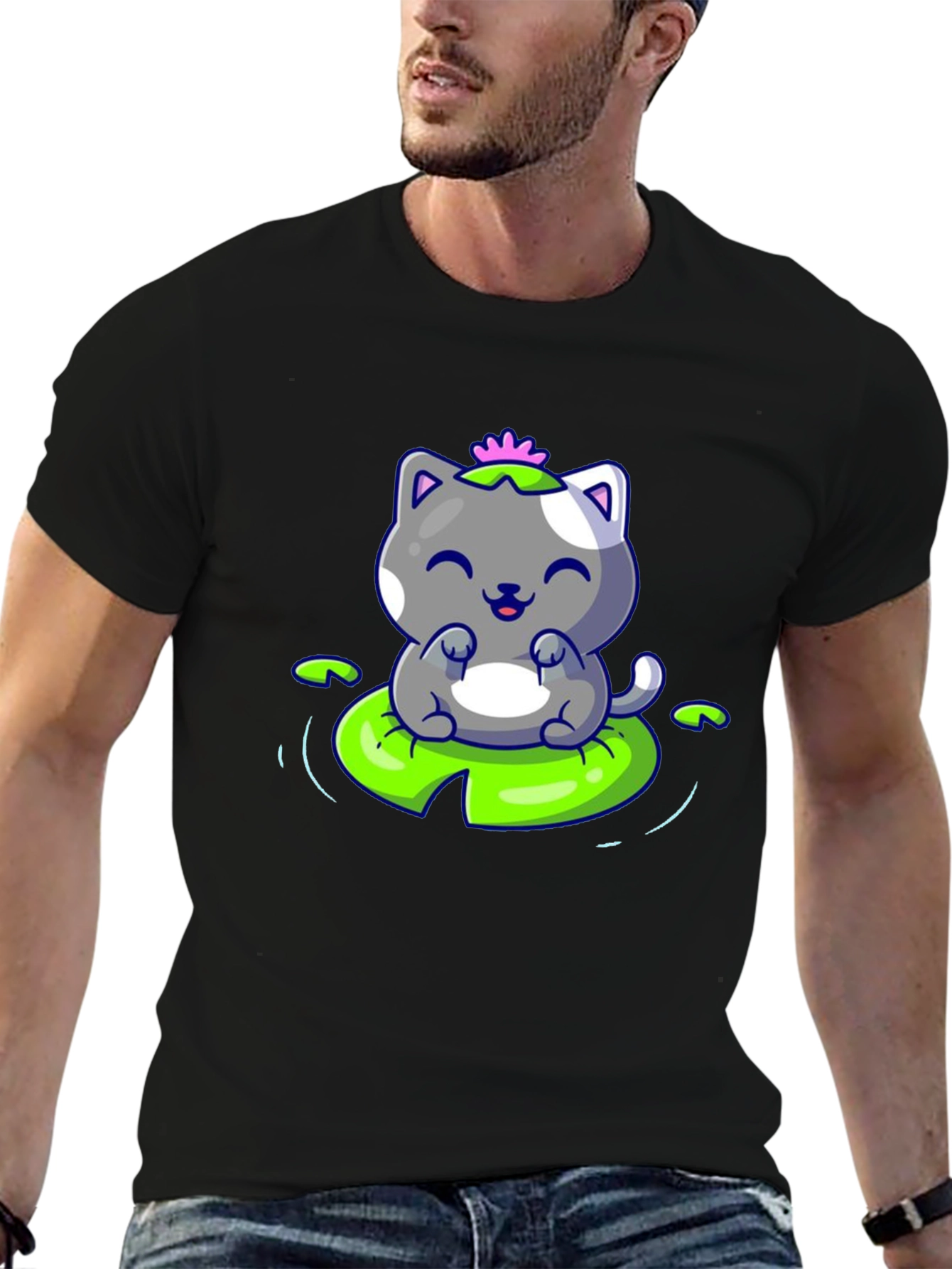 Cute Cat on Lily Pad Graphic Tee - Black
