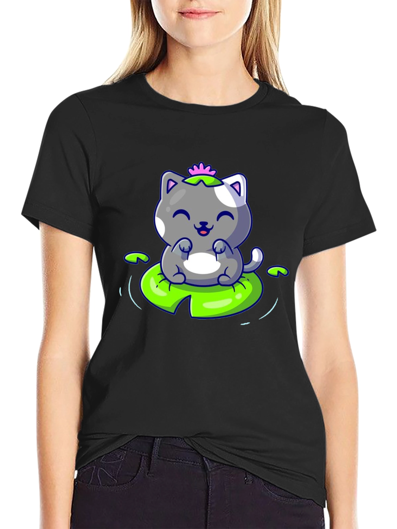 Cute Cat on Lily Pad Graphic Tee - Black