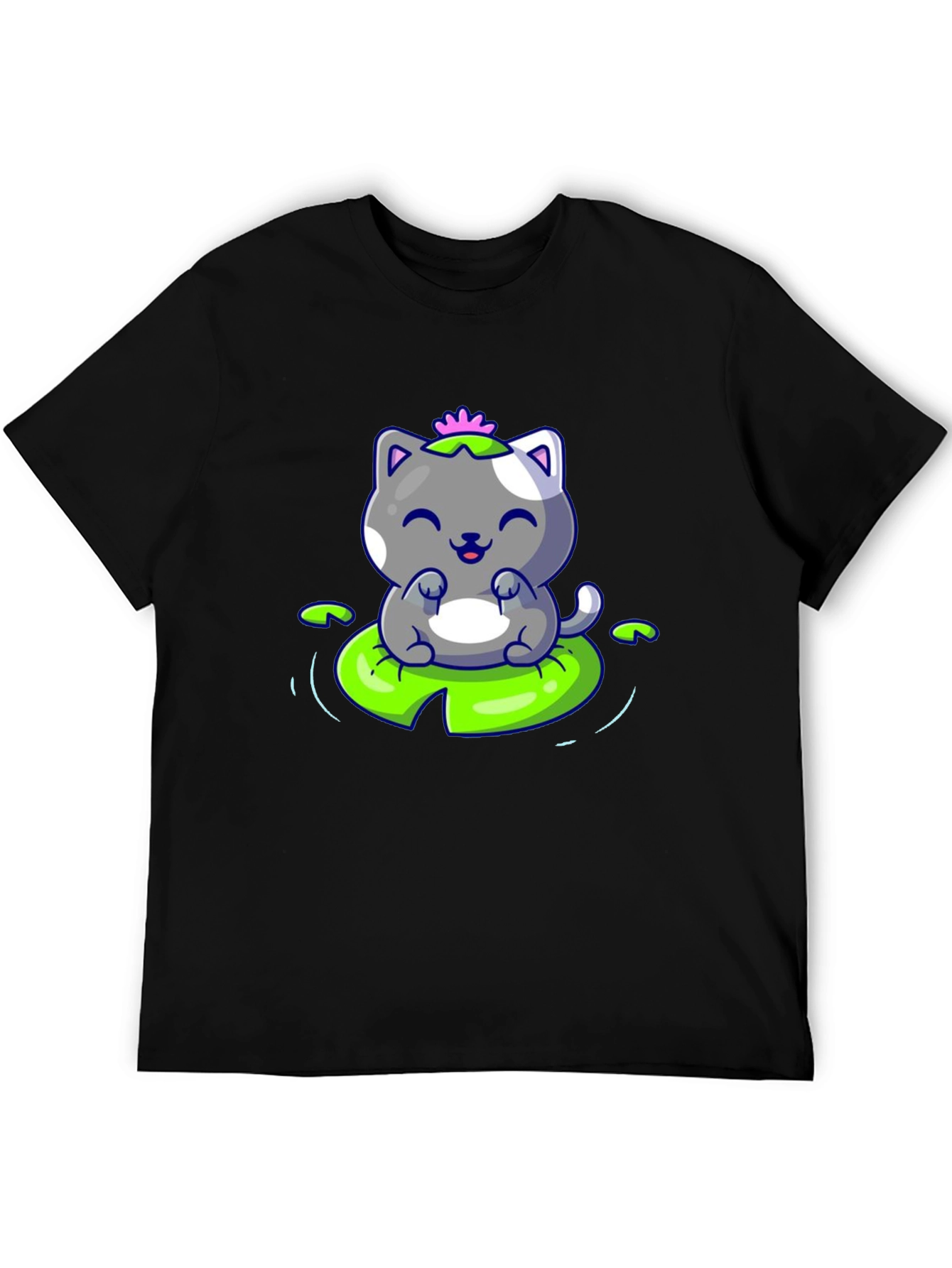 Cute Cat on Lily Pad Graphic Tee - Black