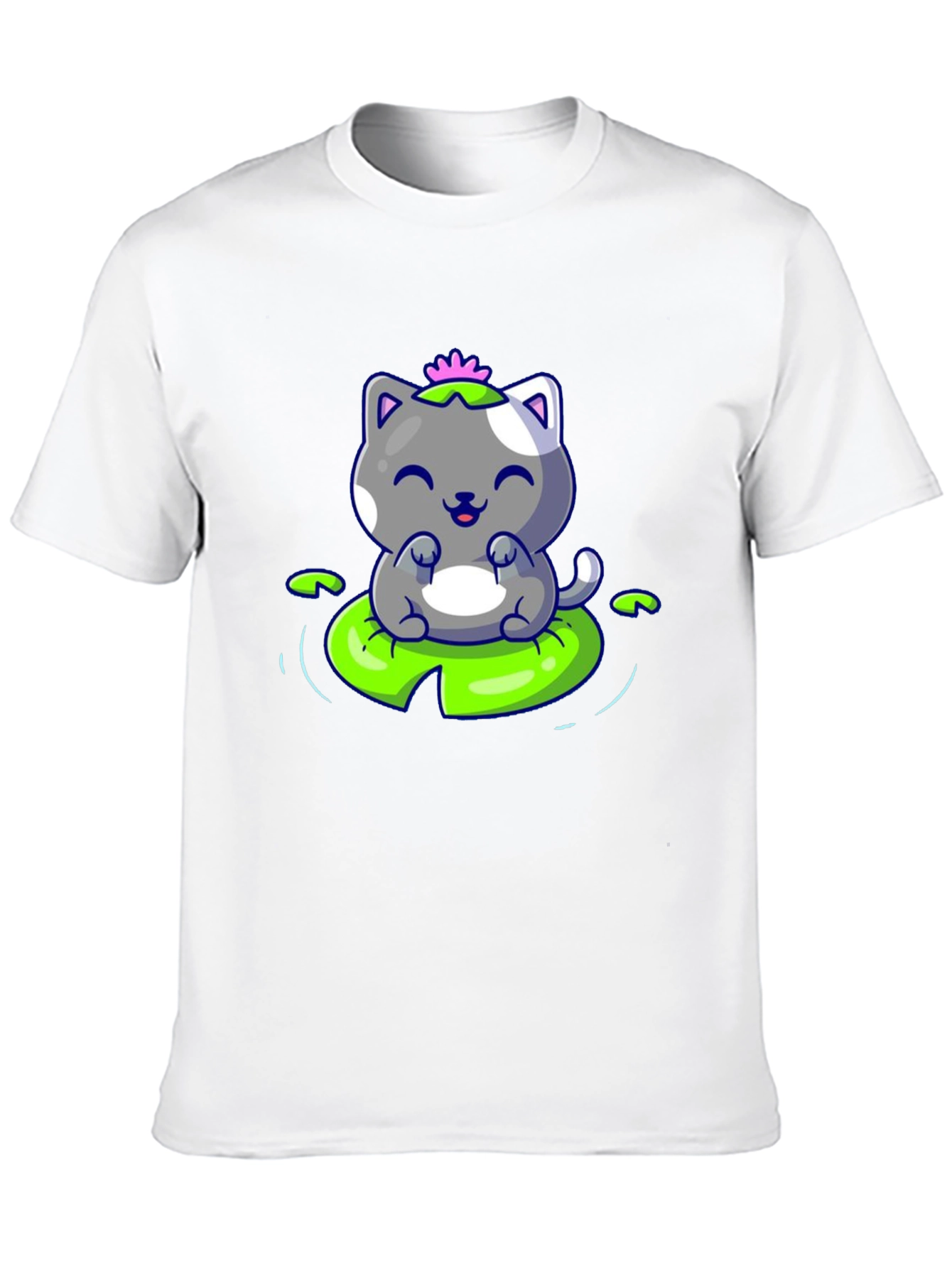 Cute Cat on Lily Pad Graphic Tee - Black