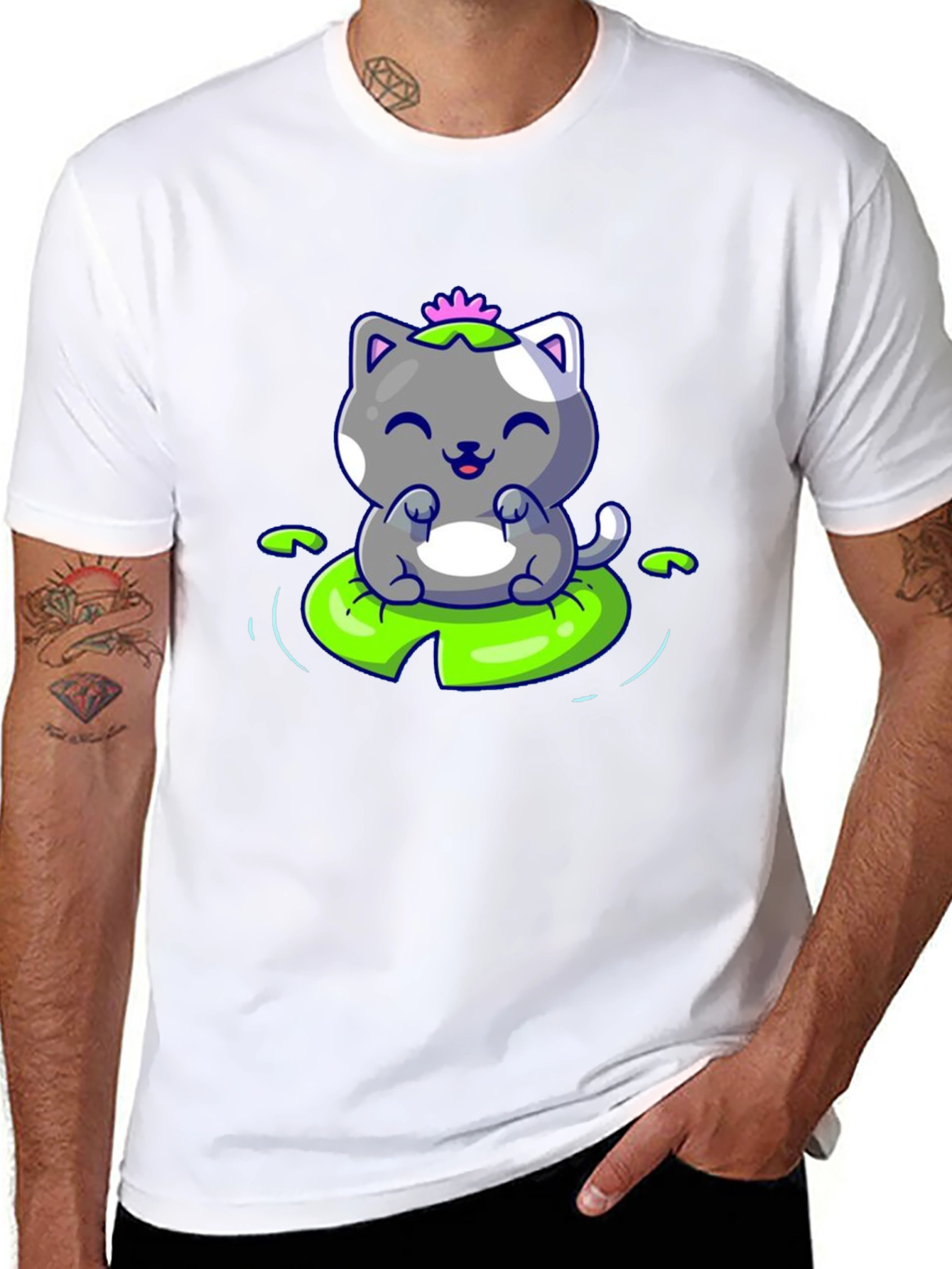 Cute Cat on Lily Pad Graphic Tee - Black
