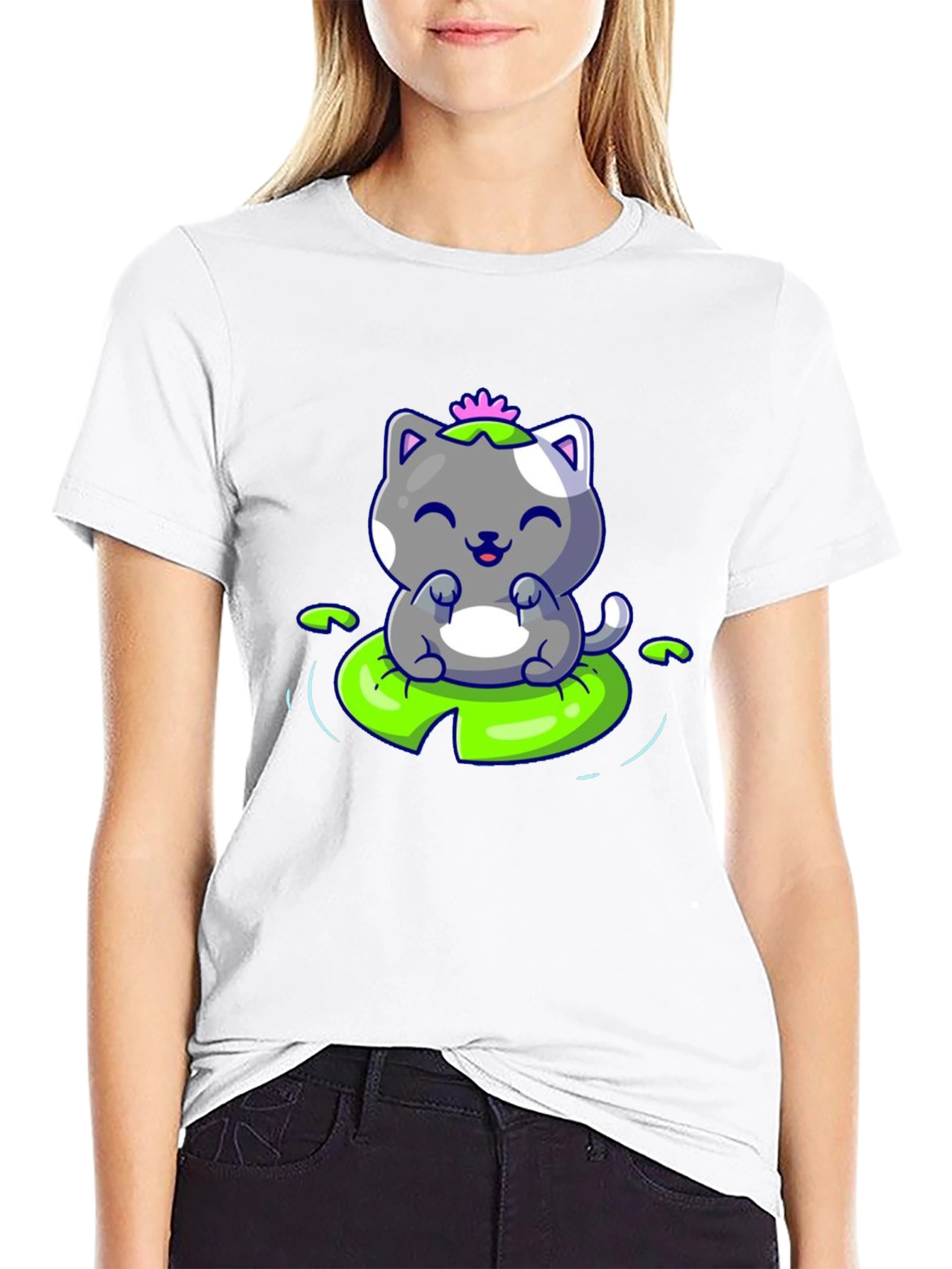 Cute Cat on Lily Pad Graphic Tee - Black