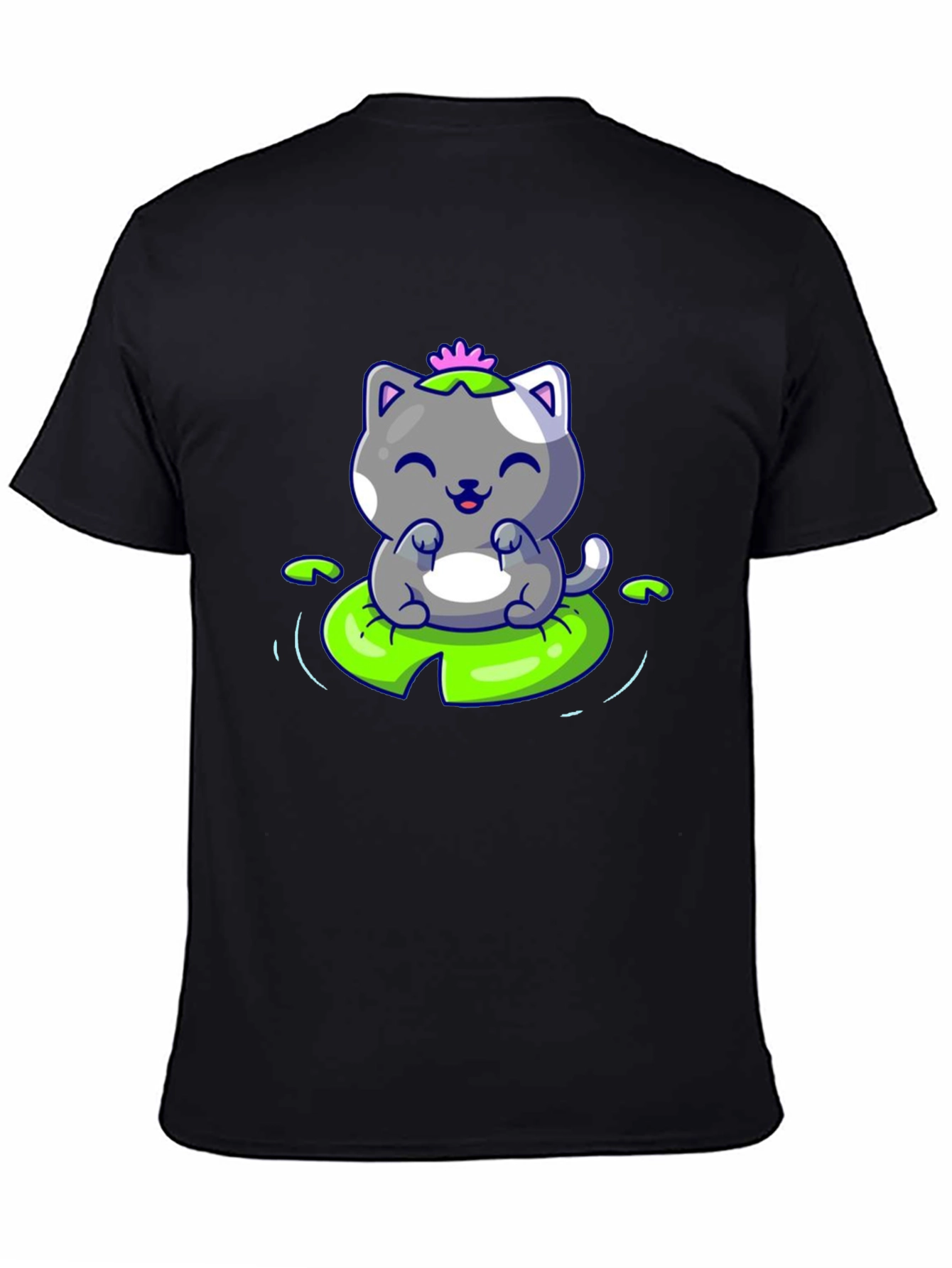 Cute Cat on Lily Pad Graphic Tee - Black