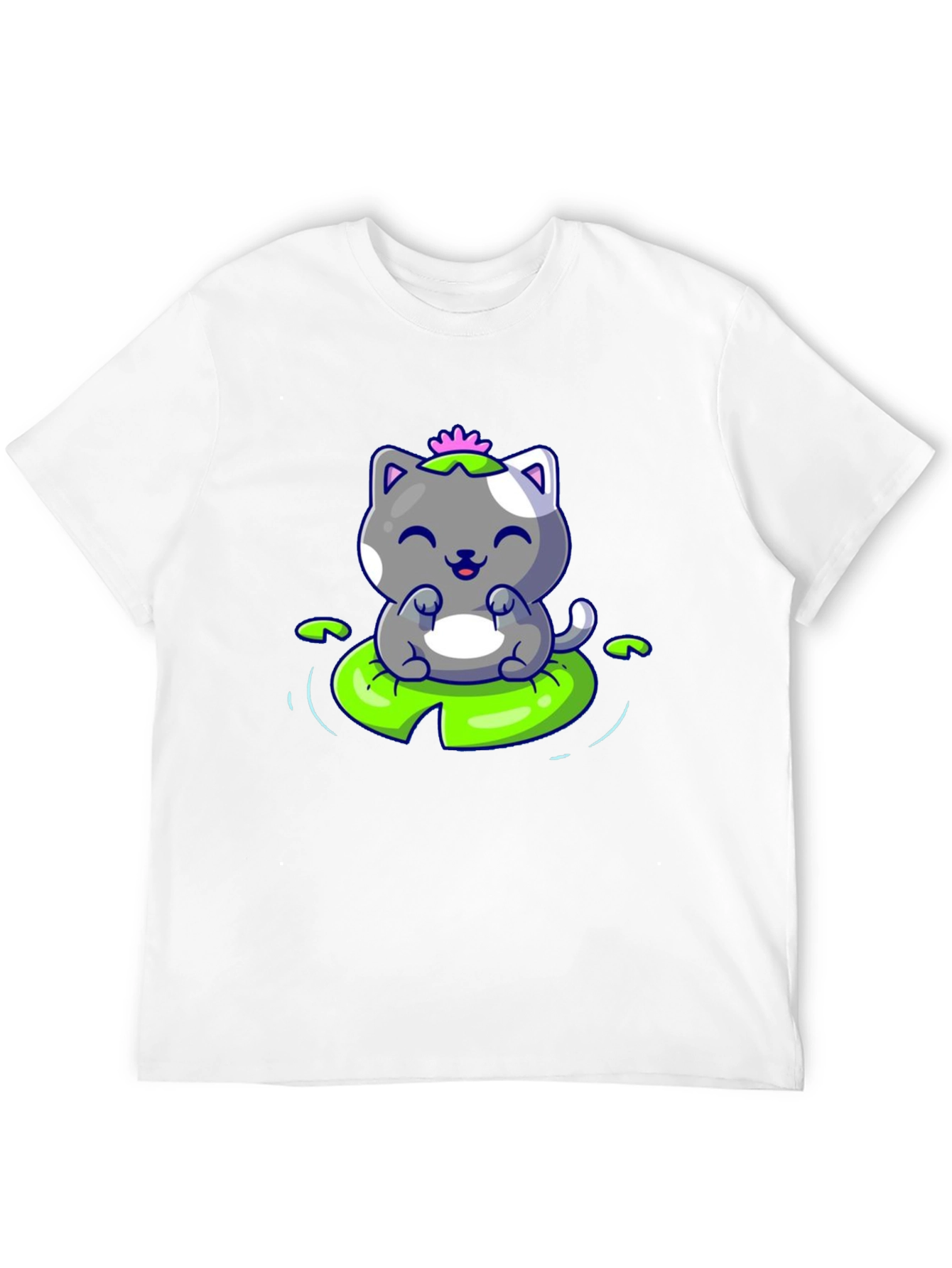 Cute Cat on Lily Pad Graphic Tee - Black