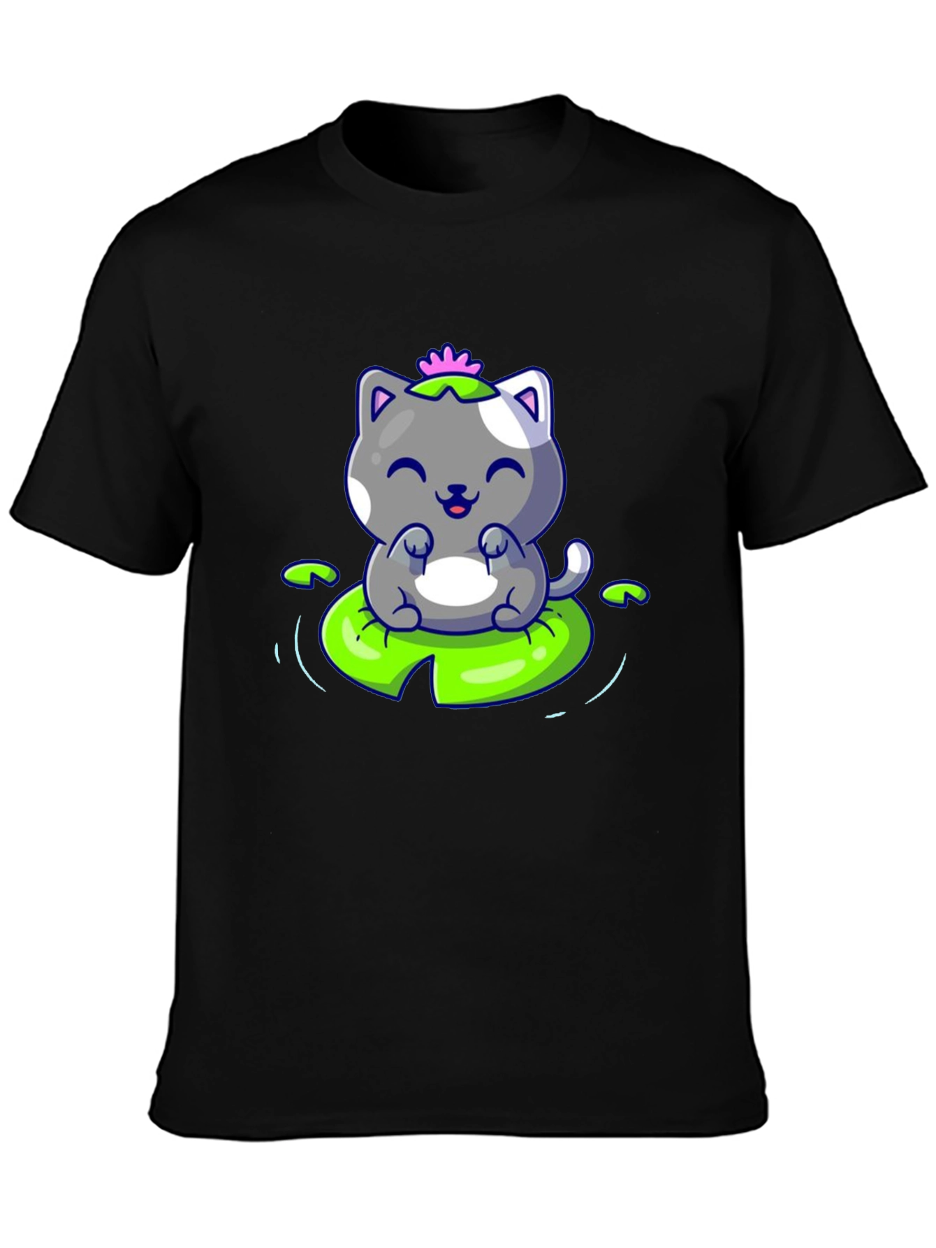 Cute Cat on Lily Pad Graphic Tee - Black