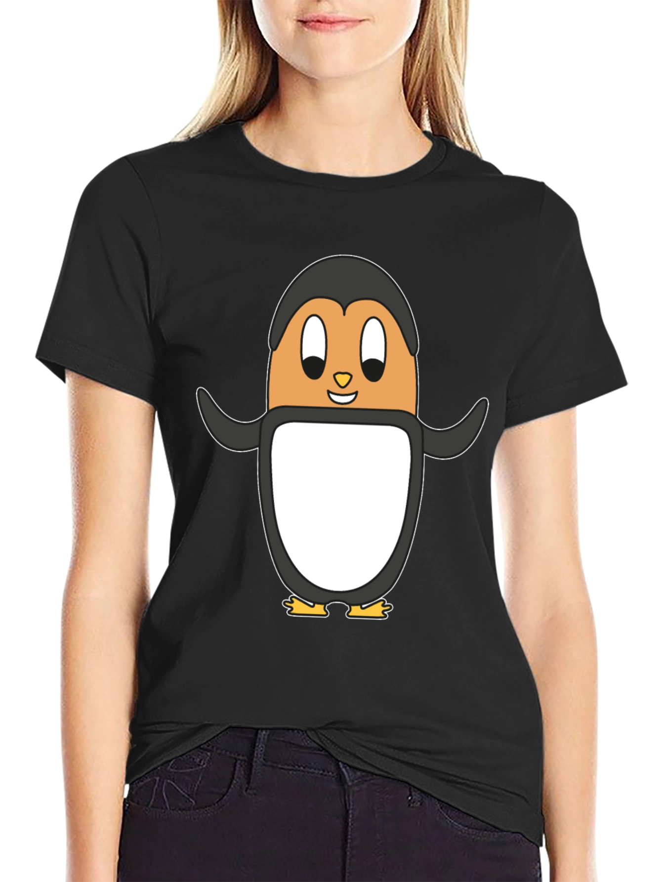 Cartoon Penguin Graphic Tee - Black Cotton Casual Shirt