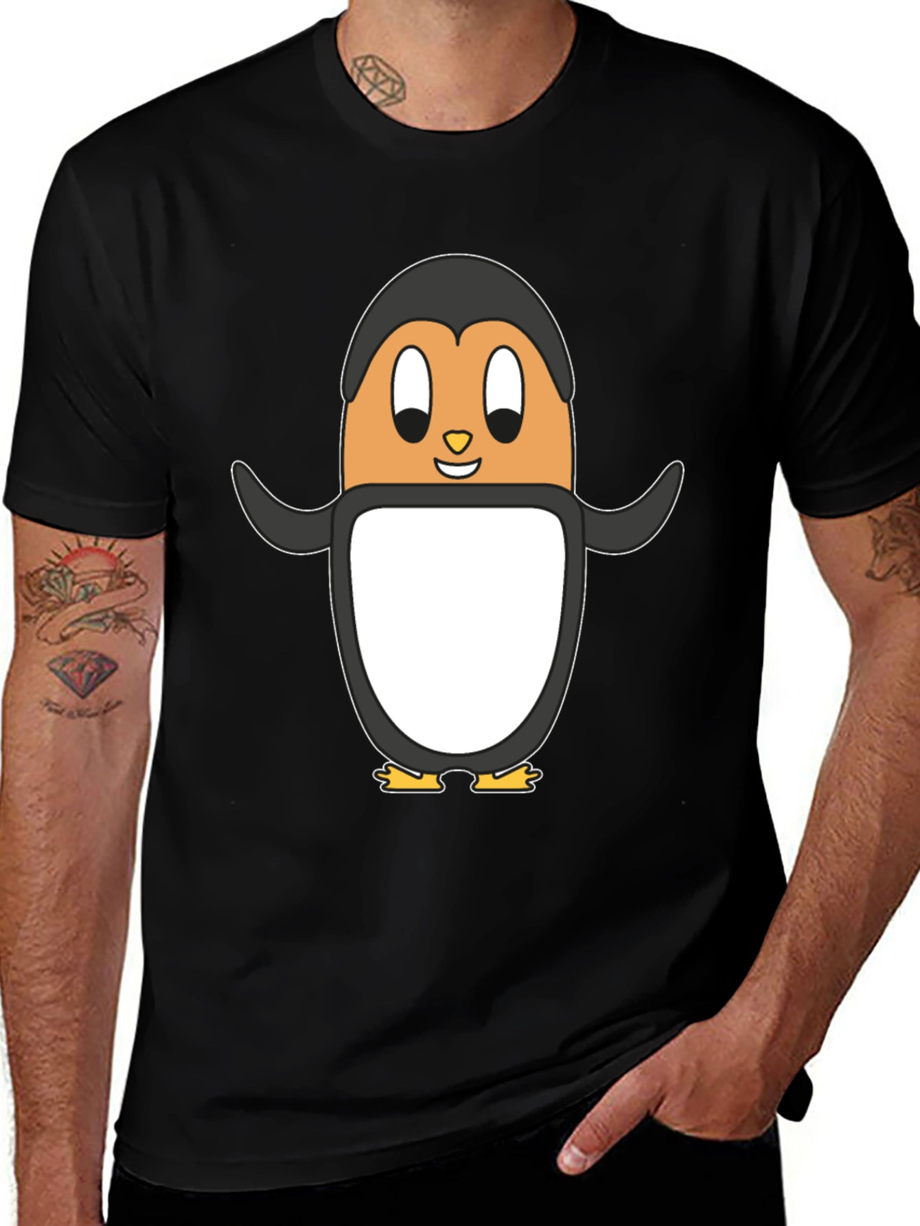 Cartoon Penguin Graphic Tee - Black Cotton Casual Shirt