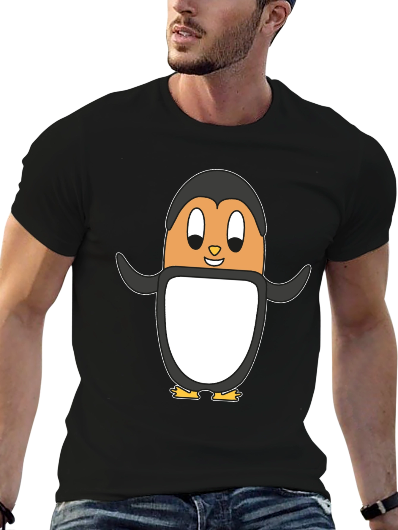 Cartoon Penguin Graphic Tee - Black Cotton Casual Shirt