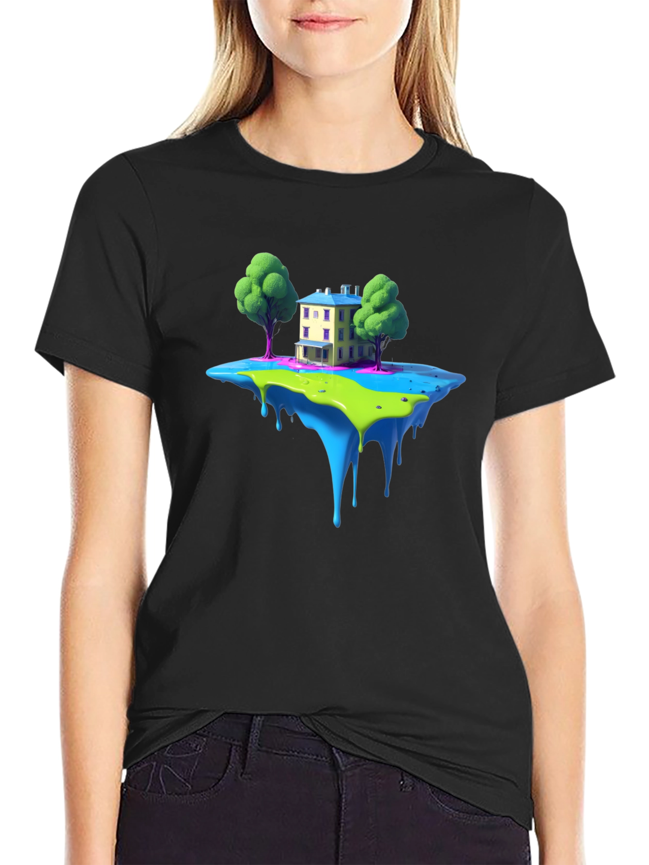 Fantasy Floating Island House Graphic Tee - Black
