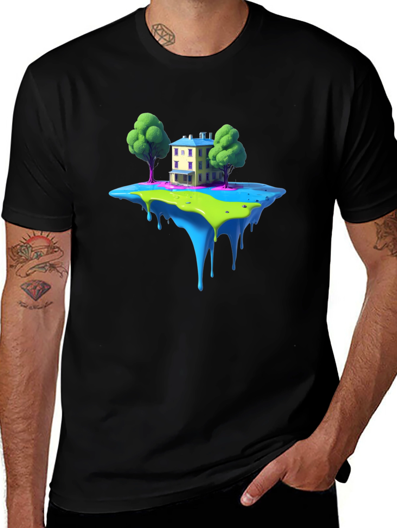Fantasy Floating Island House Graphic Tee - Black