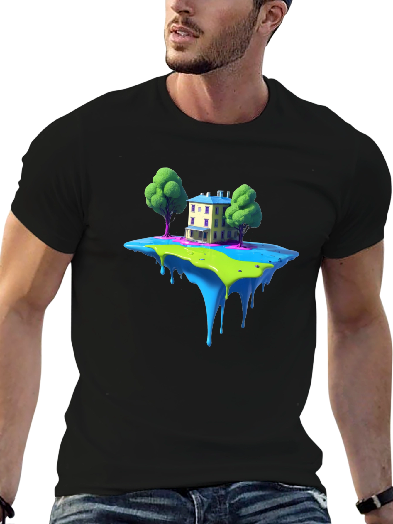Fantasy Floating Island House Graphic Tee - Black
