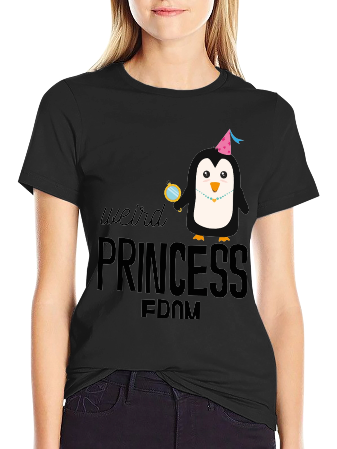 Weird Princess Penguin Black T-Shirt