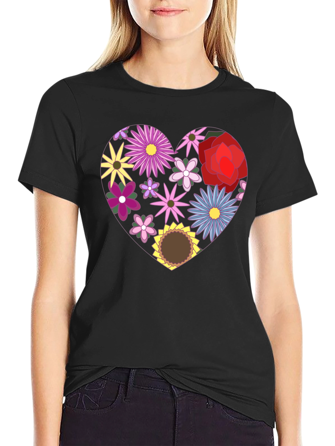 Floral Heart Graphic Black T-Shirt