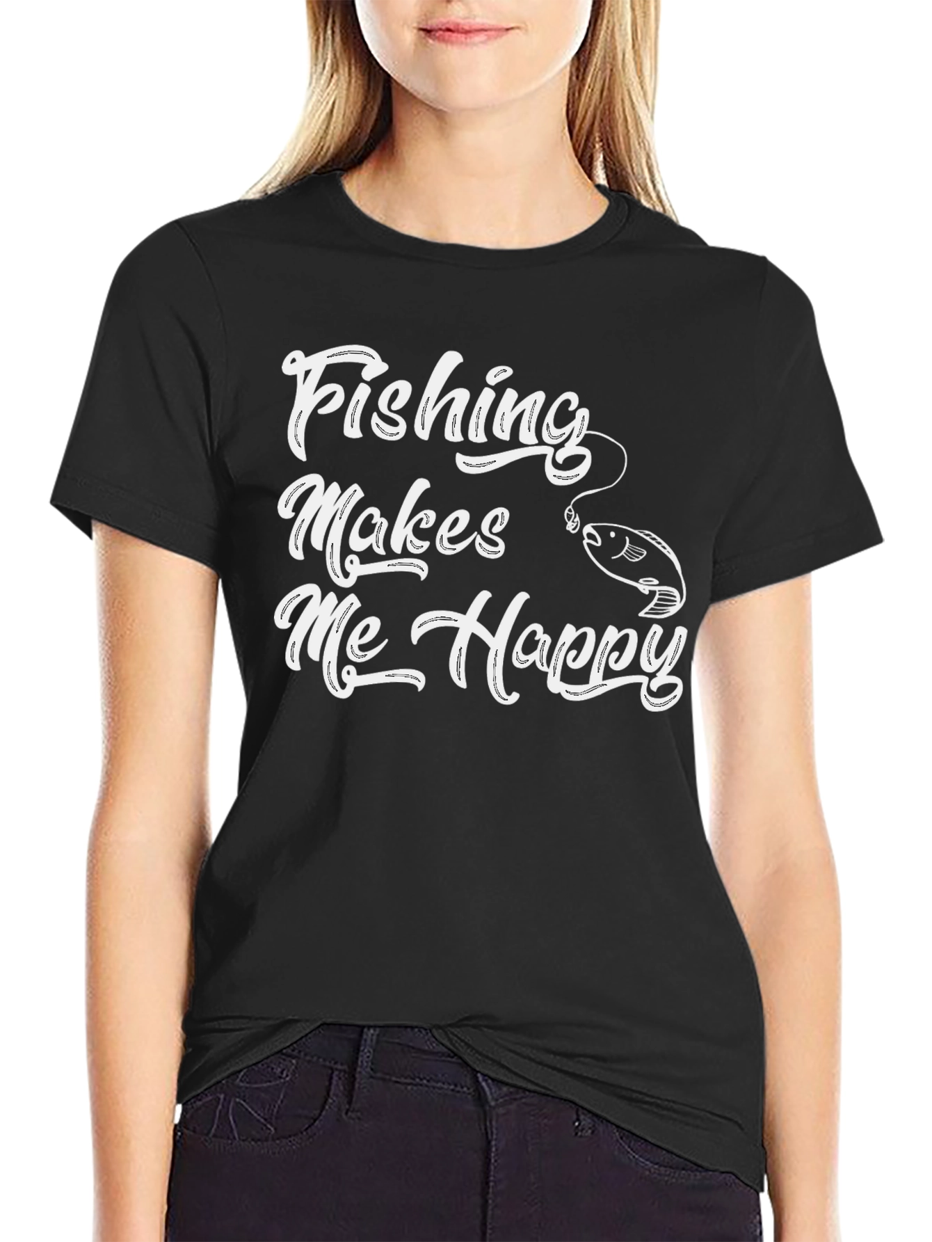 Fishing Makes Me Happy Black T-Shirt