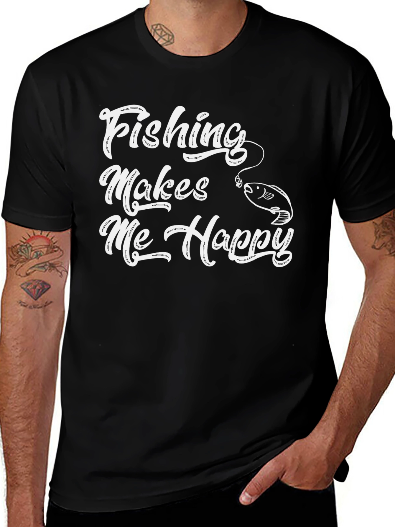 Fishing Makes Me Happy Black T-Shirt