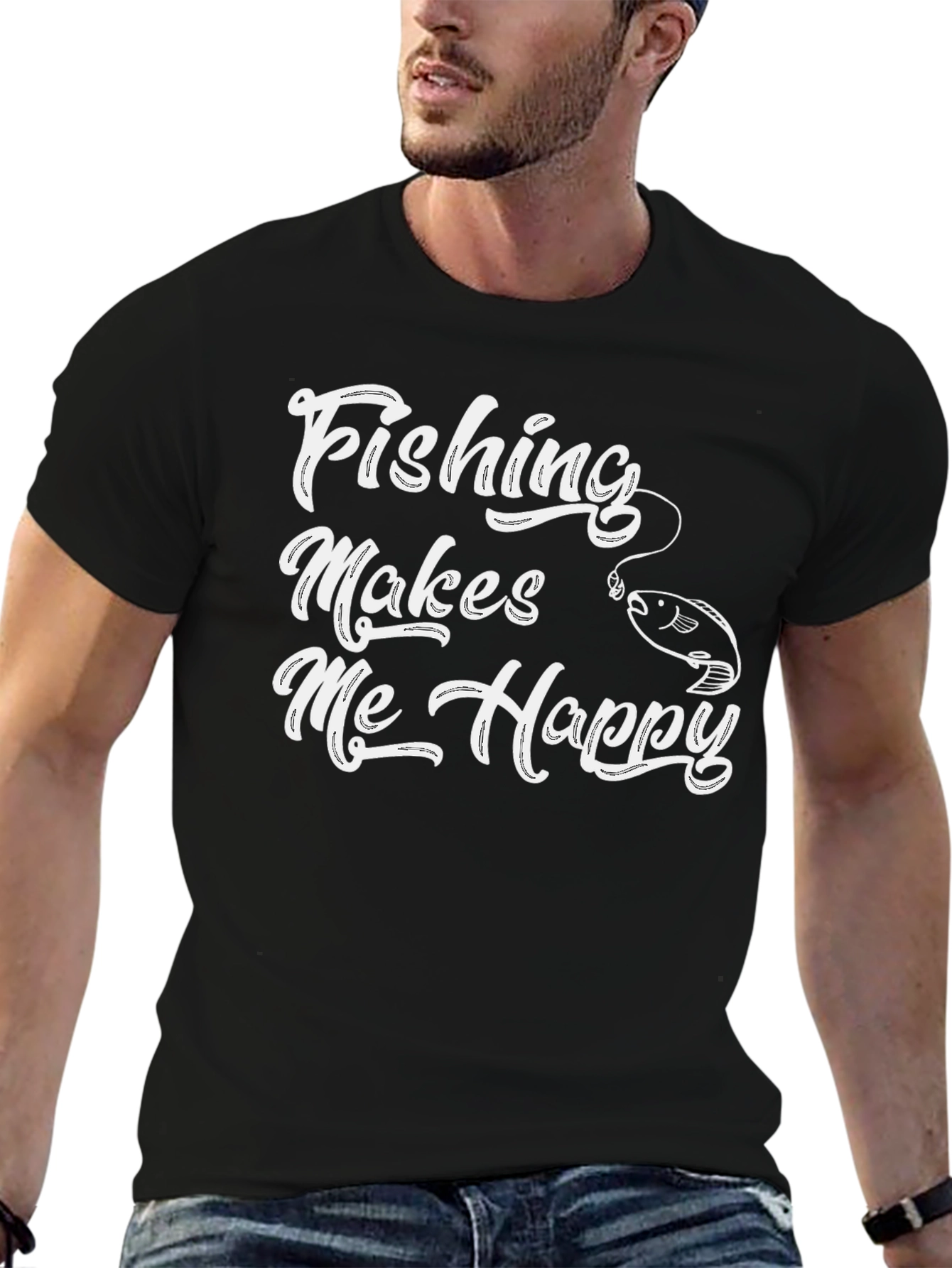 Fishing Makes Me Happy Black T-Shirt