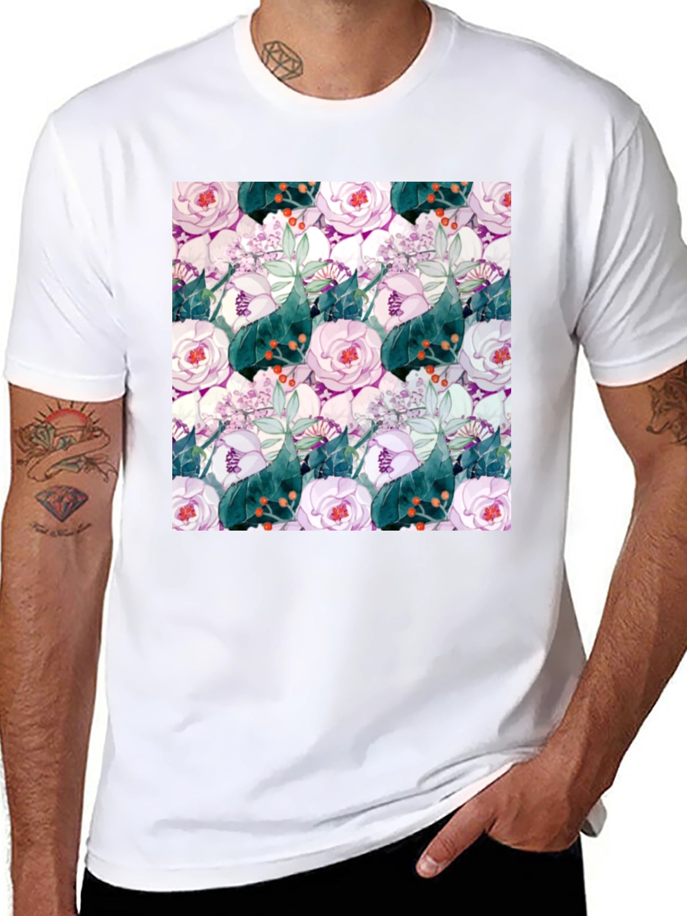 Floral Print Black Crew Neck T-Shirt
