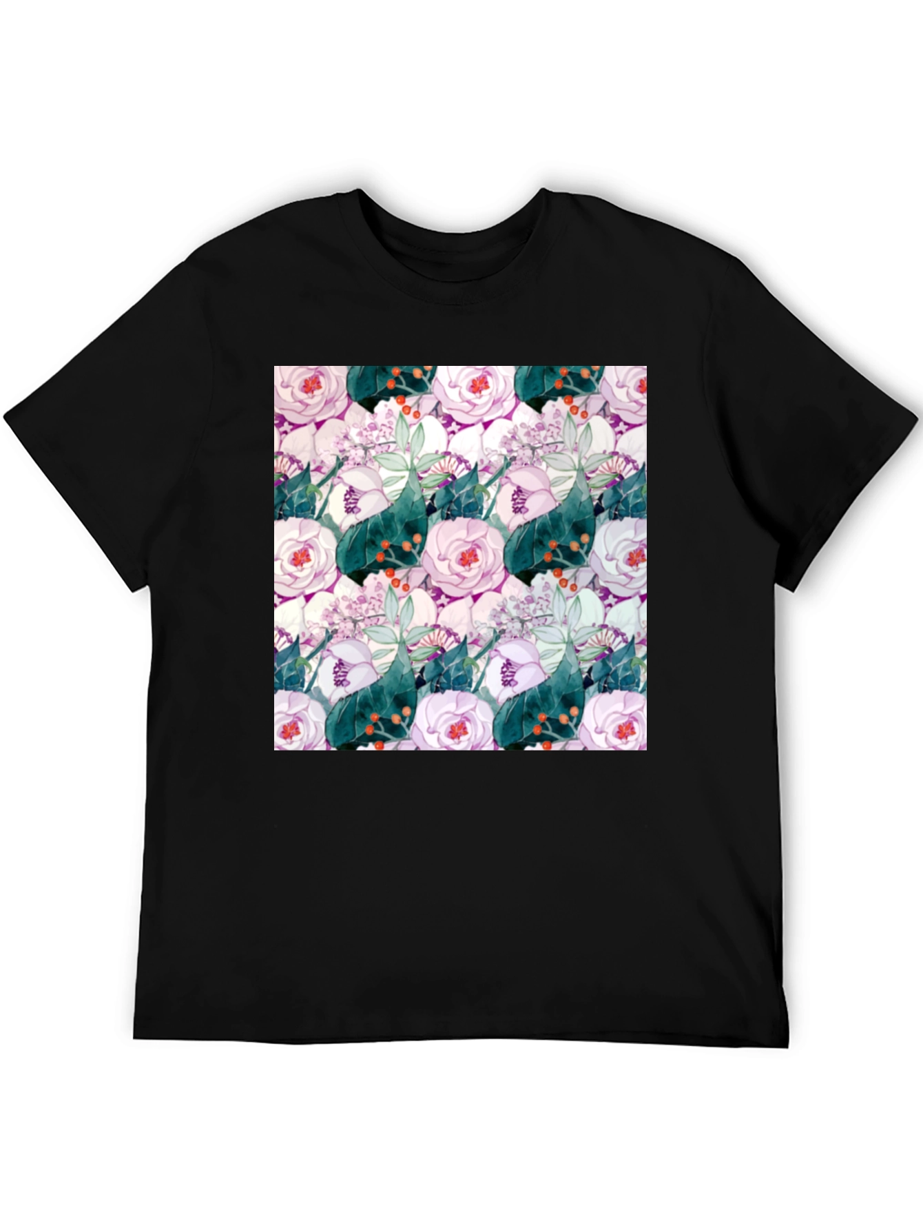 Floral Print Black Crew Neck T-Shirt