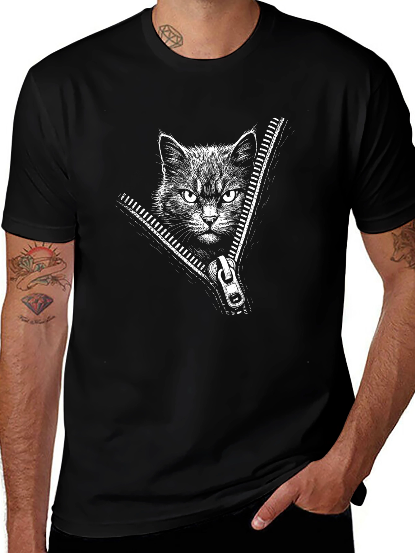 Black Cat Zipper T-Shirt - Mens Graphic Tee