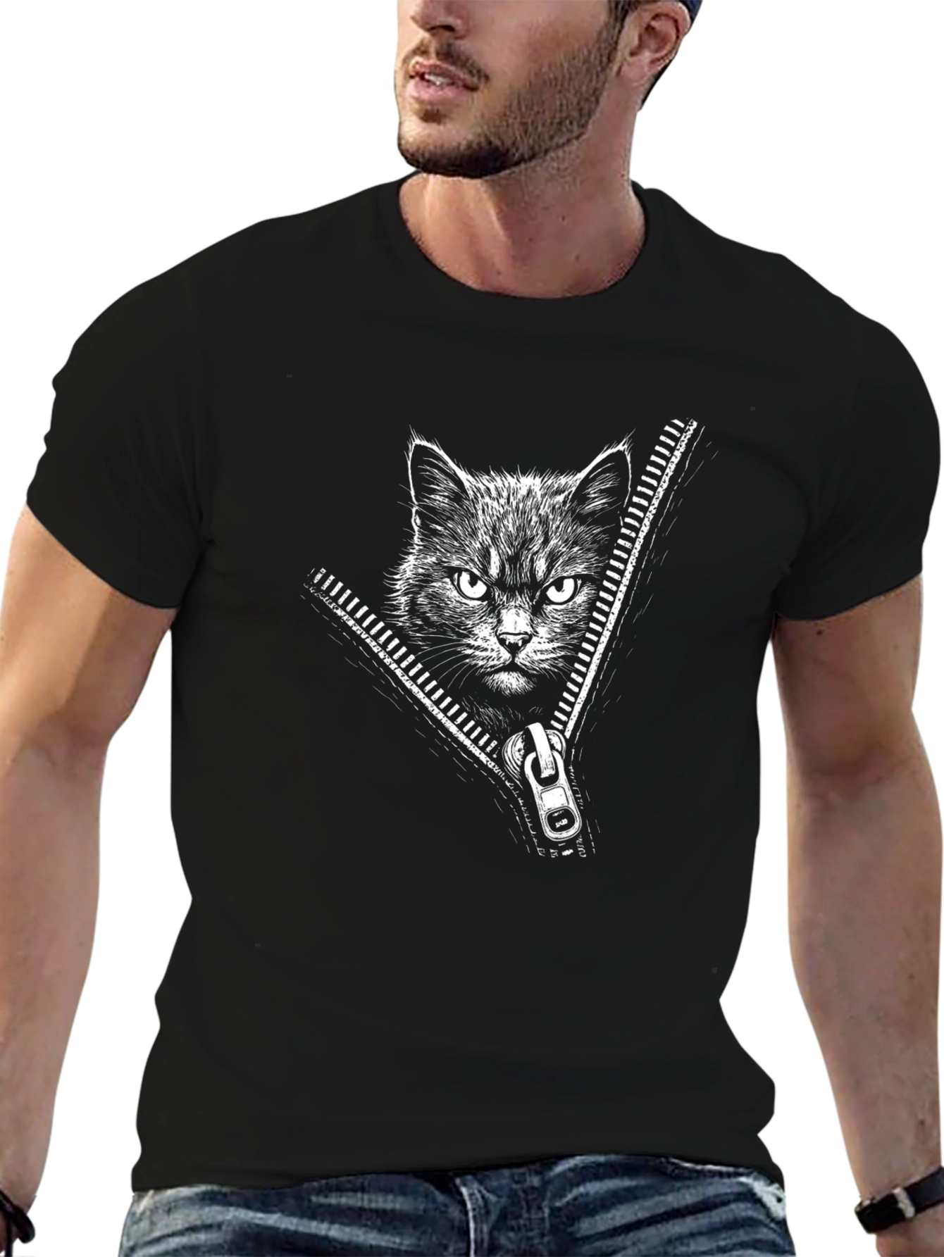 Black Cat Zipper T-Shirt - Mens Graphic Tee