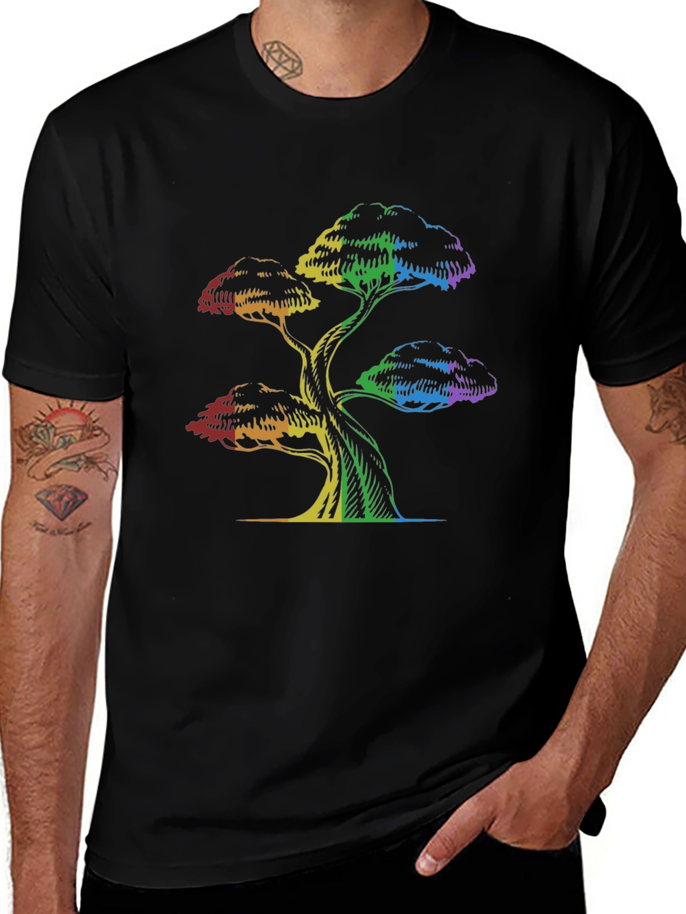 Rainbow Tree Graphic Tee - Black Cotton T-Shirt