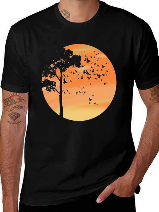 Tree & Birds Graphic Tee - Sunset Design Black Shirt