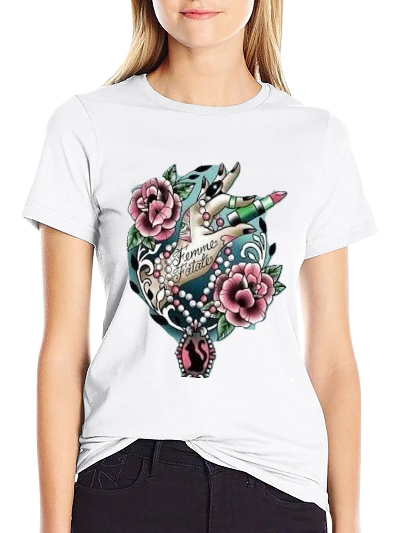 Femme Fatale Graphic T-Shirt - Roses & Lipstick Design