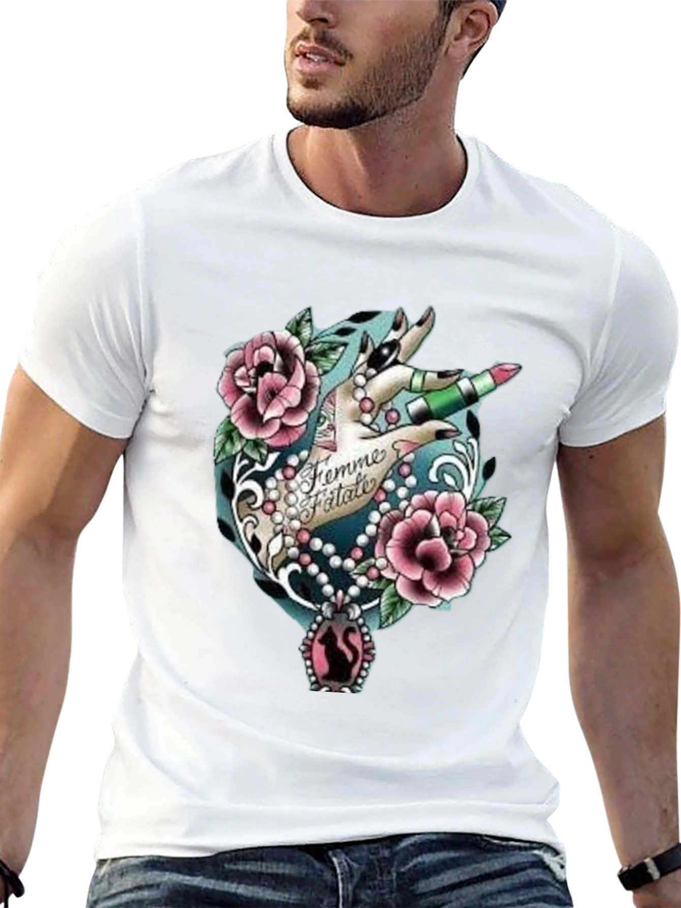 Femme Fatale Graphic T-Shirt - Roses & Lipstick Design
