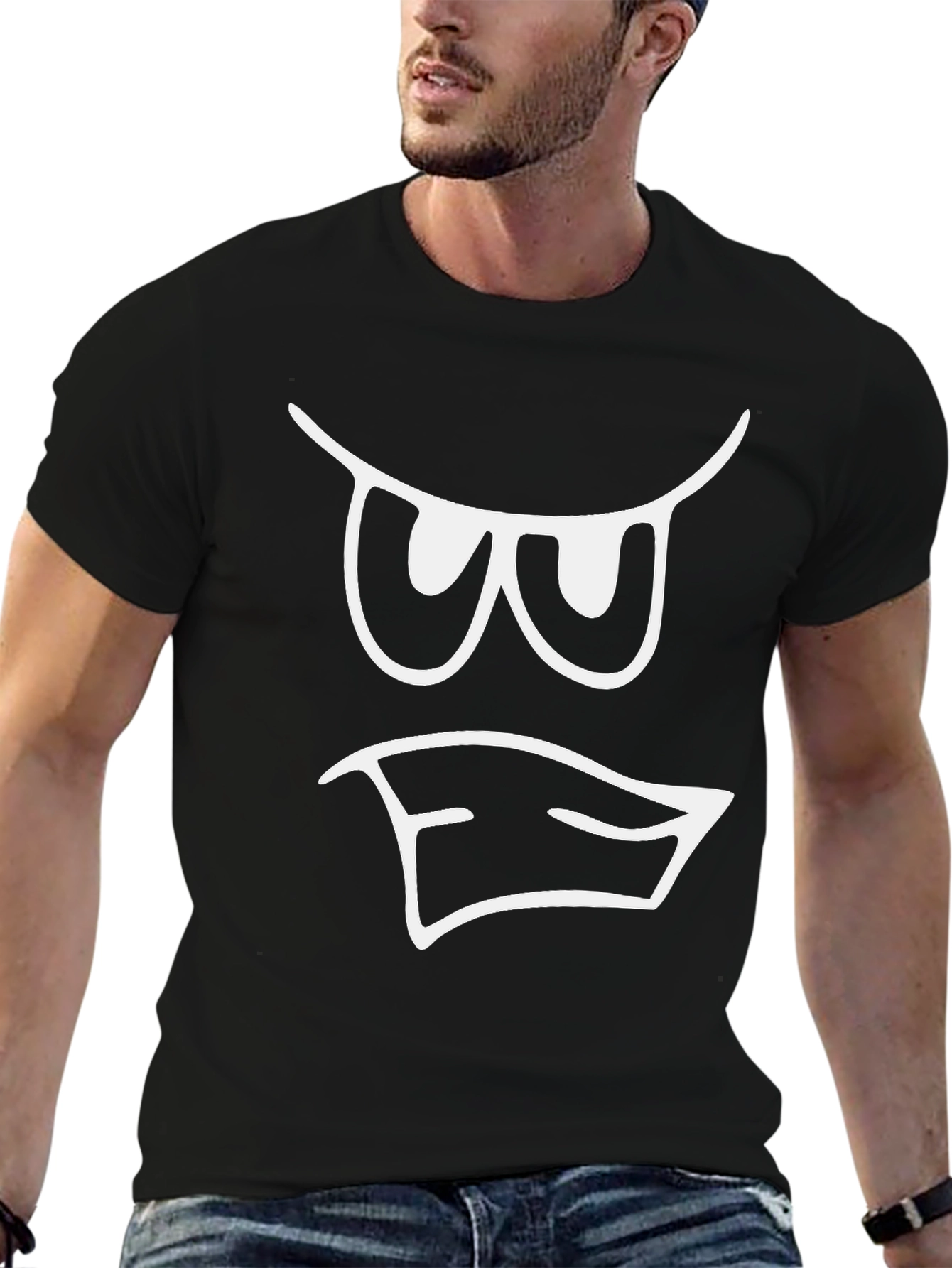 Mens Black T-Shirt with White Cartoon Face Graphic